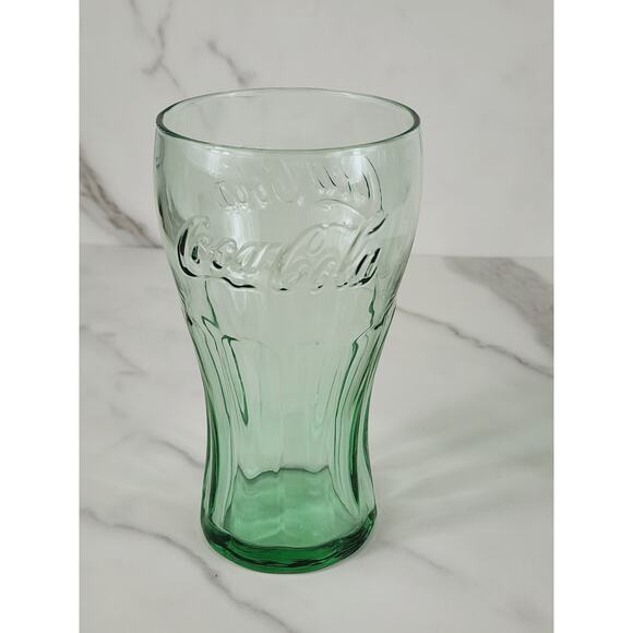 Coca Cola Libbey Drinking Glasses 16oz Embossed Logo 6" Retro Glass Green x3 - Picture 2 of 13